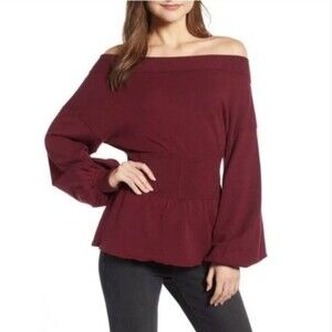 Something Navy Revolve Red Tannin Peplum Off Shoulder Sweater Size Small